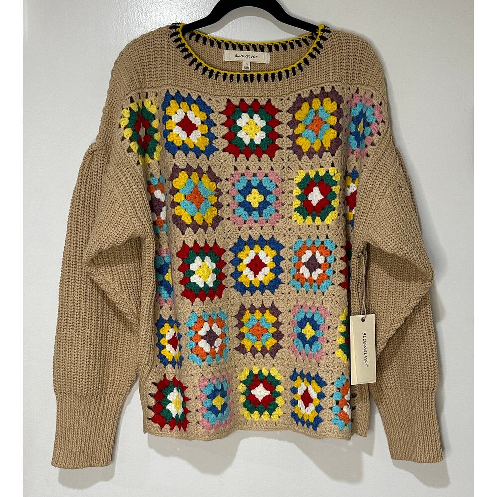 Blue Velvet Granny Square Knit Long Sleeve Sweater Mocha Multicolor Small NWT - Picture 2 of 15